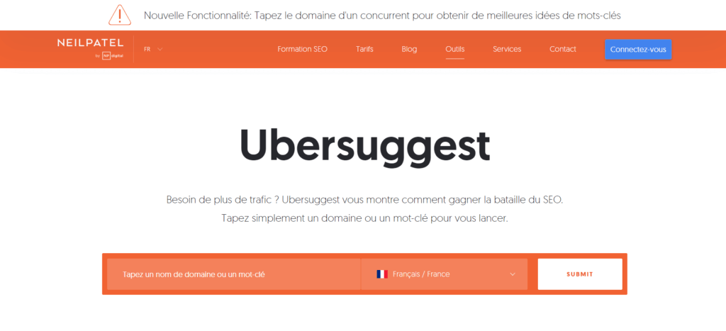 Page d'accueil du site Ubersuggest