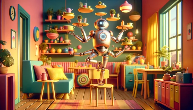 Dans un décor pop de cuisine, un robot en train de jongler avec des plateaux