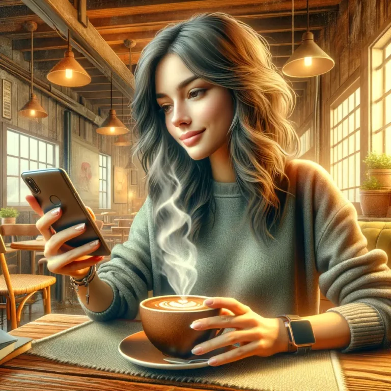 Jeune femme dans un café qui fait un achat sur son téléphone